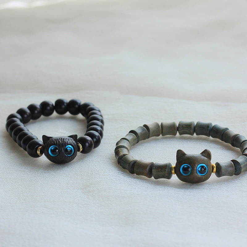 KarmaRipple's Ebony Wood Green Sandalwood Cute Cat Peace Bracelet p3