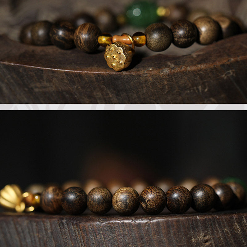 KarmaRipple's 999 Gold Brunei Agarwood Cyan Jade Lotus Flower Peace Strength Bracelet p18