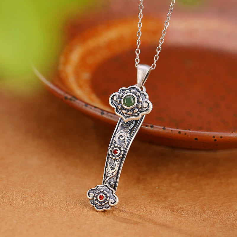 KarmaRipple's 925 Sterling Silver Red Agate Cyan Jade Auspicious Clouds Ruyi Handle Blessing Pendant Necklace p13