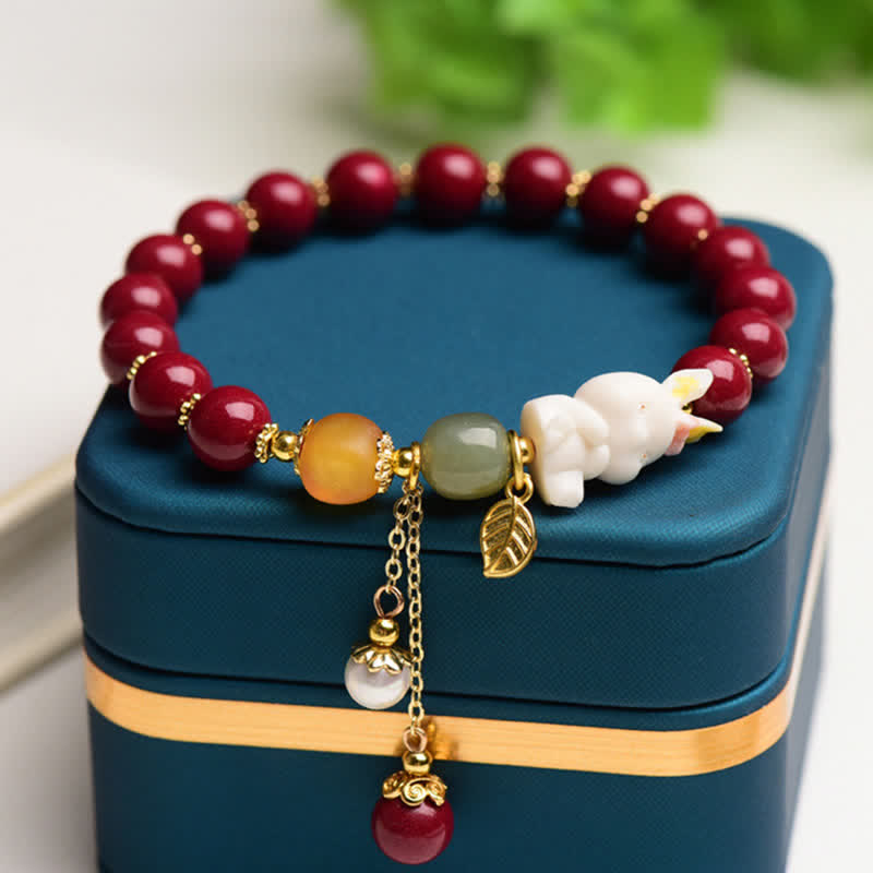KarmaRipple's Year of the Rabbit Cinnabar Hetian Jade Bunny Beaded Blessing Bracelet p6
