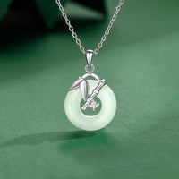 KarmaRipple's 925 Sterling Silver Hetian Jade Bamboo Leaf Peace Buckle Prosperity Pendant Necklace