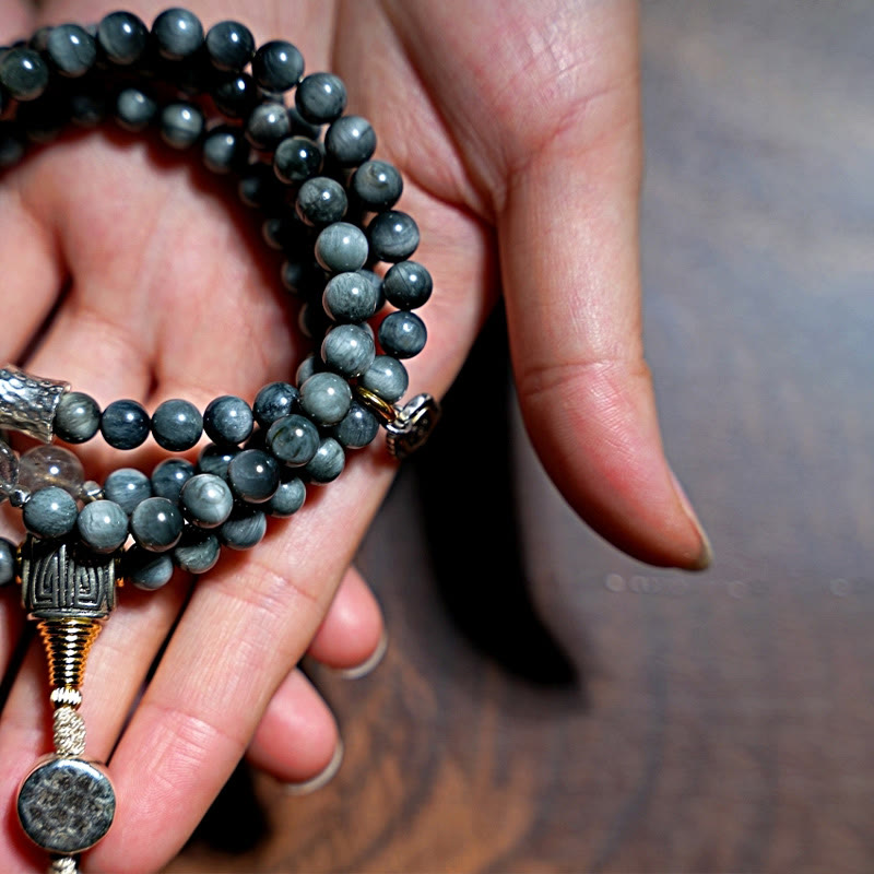 KarmaRipple's 925 Sterling Silver 108 Mala Beadwork Eagle's Eye Stone Moonstone'sitive Bracelet p7