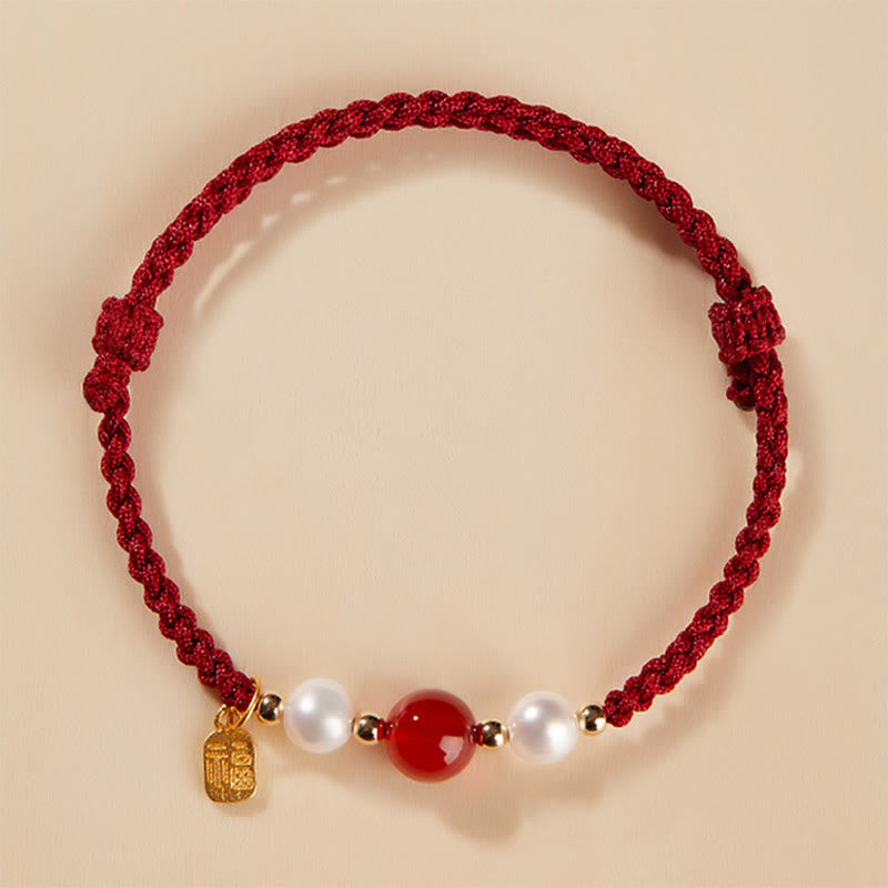 KarmaRipple's 925 Sterling Silver Good Fortune Fu Character Agate Pearl Red String Braid Bracelet p4
