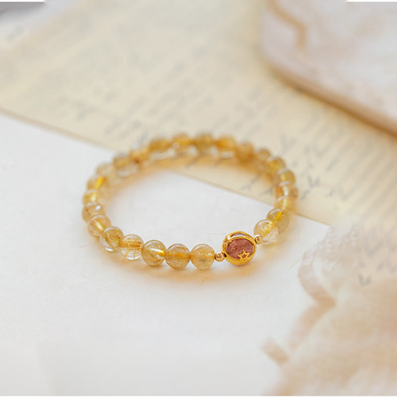KarmaRipple's Golden Rutilated Quartz Strawberry Quartz Star Protection Bracelet p7