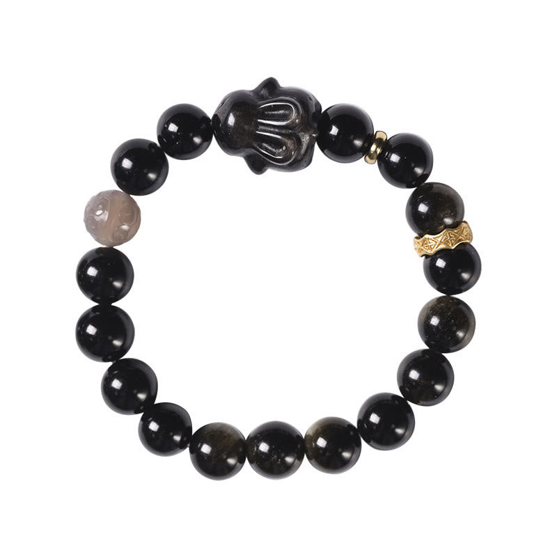 KarmaRipple's Gold Sheen Obsidian Black Obsidian Silver Sheen Obsidian Cute Rabbit Protection Bracelet p14