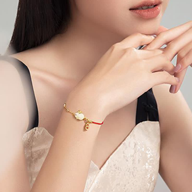 KarmaRipple's Year of the Rabbit Ivory Jade Happiness Red String Chain Bracelet p6