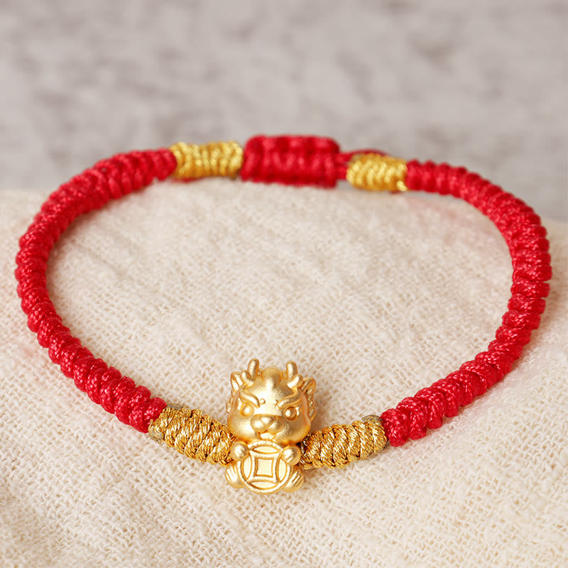 KarmaRipple's 999 Sterling Silver Year of the Dragon Bronze Coin Fortune Dragon Fu Character Fortune Handcrafted Red String Woven Bracelet p7