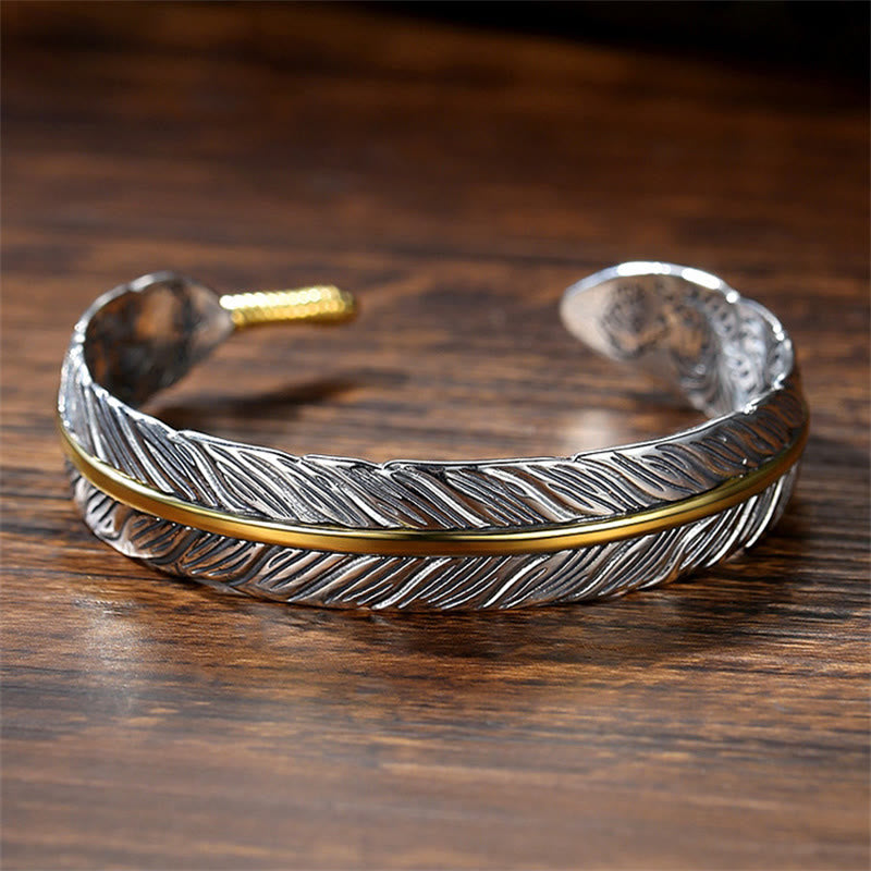 KarmaRipple's Feather Pattern Carved Fortune Wealth Cuff Bracelet Bangle p3
