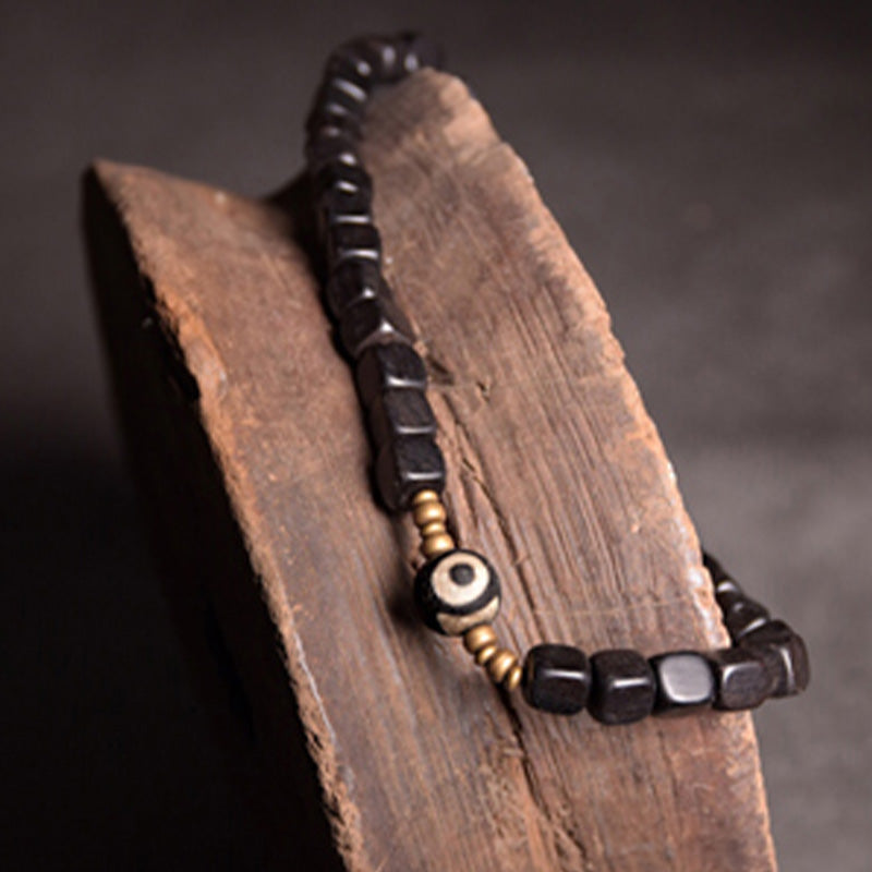 KarmaRipple's Ebony Wood Dzi Bead Bronze Peace Pair Bracelet p10
