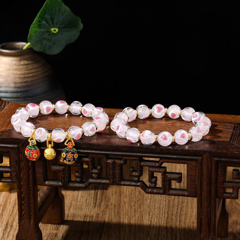 KarmaRipple's Gold Swallowing Beast Family Pink Love Heart Luminous Fluorescent Liuli Glass Bead Bracelet p19
