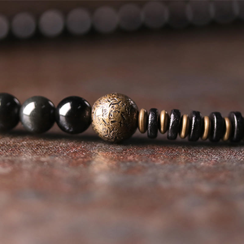 KarmaRipple's Rainbow Obsidian Ebony Wood Bronze Positive Multilayer Bracelet p6