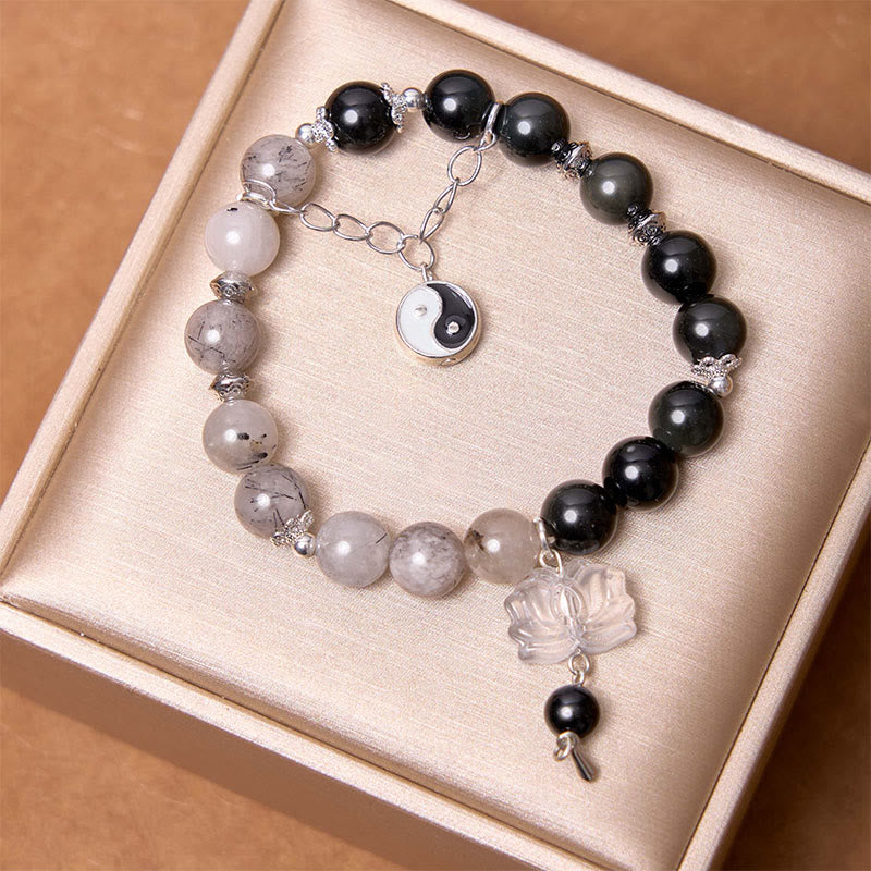 KarmaRipple's Silver Sheen Obsidian Crackle Clear Quartz Black Rutilated Quartz Yin Yang Lotus Protection Bracelet p14