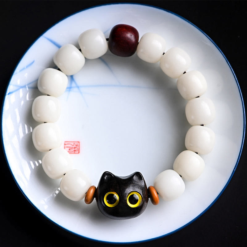 KarmaRipple's Authentic Bodhi Seed Small Leaf Red Sandalwood Ebony Wood Cute Fortunate Cat Wisdom Bracelet p10