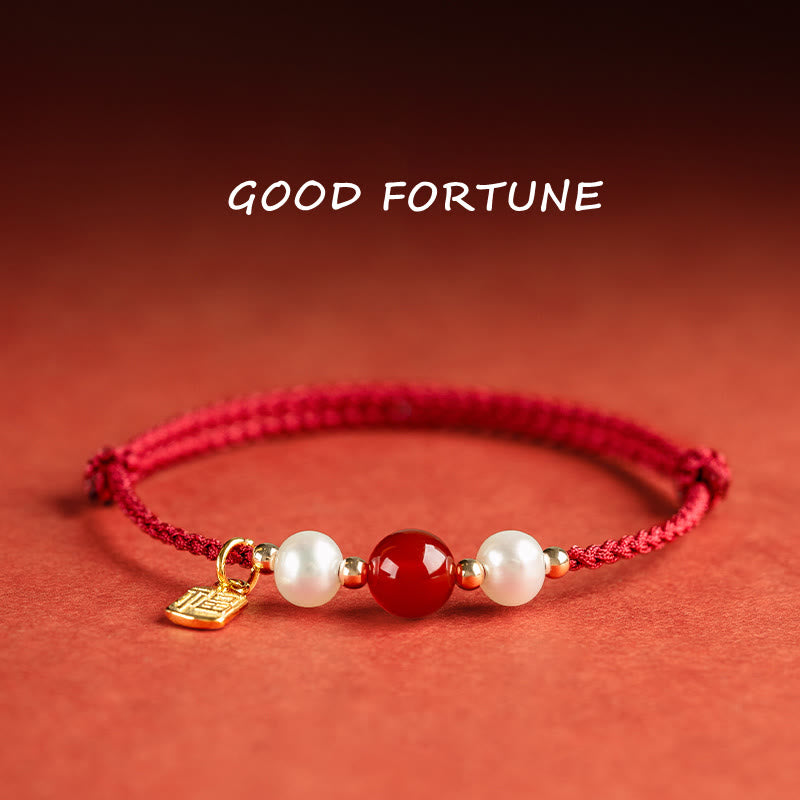 KarmaRipple's 925 Sterling Silver Good Fortune Fu Character Agate Pearl Red String Braid Bracelet p1