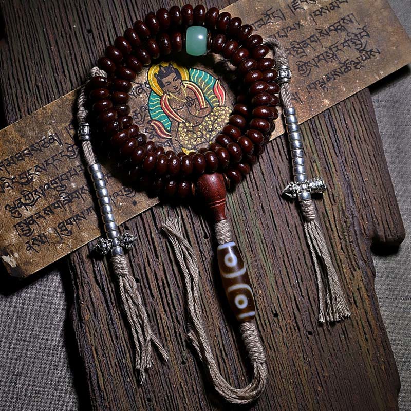 KarmaRipple's Authentic Tibet 108 Mala Beadwork Purple Bodhi Seed Three-eyed Dzi Bead Bronze Dorje Balance Bracelet p1