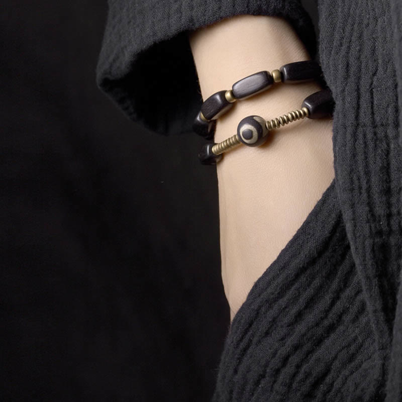 KarmaRipple's Tibet Ebony Wood Dzi Bead Bronze Balance Double Wrap Bracelet p6
