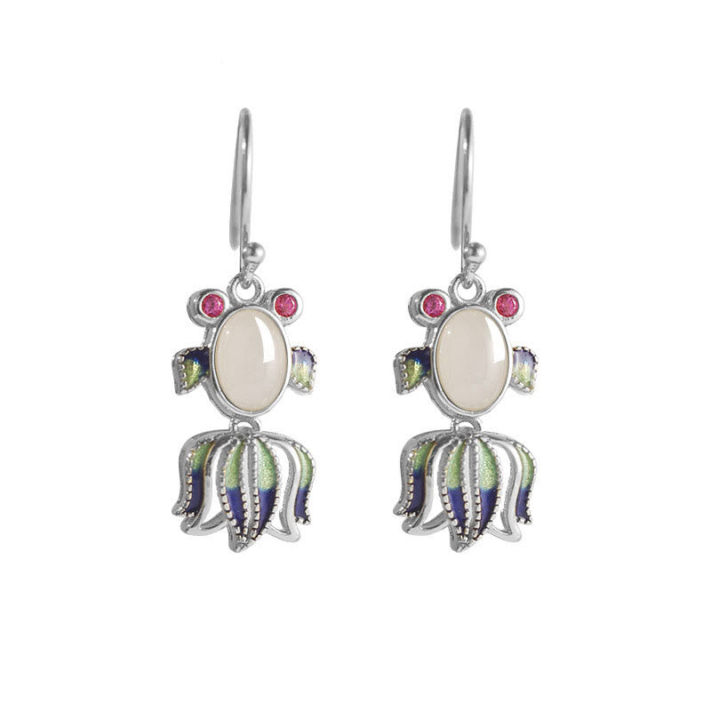 KarmaRipple's 925 Sterling Silver Hetian Ivory Jade Red Agate Cute Fish Happiness Drop Earrings p3