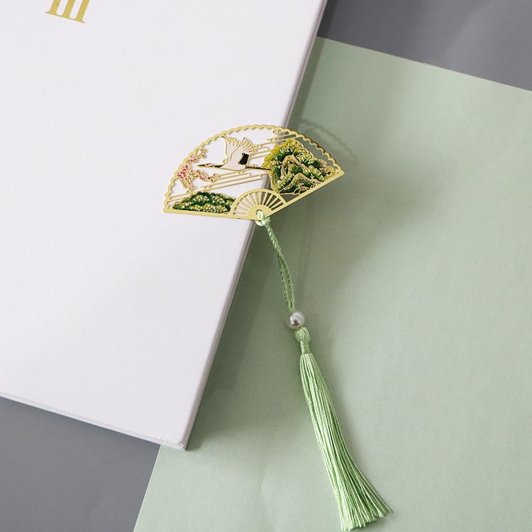 KarmaRipple's Traditional Butterfly Lotus Flower Crane Dragon Phoenix Fox Koi Fish New Beginning Metal Brass Hollow Fan Bookmarks p3