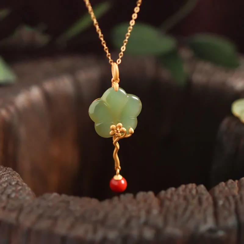 KarmaRipple's Vintage Plum Blossom Flower Jade Red Agate Prosperity Pendant Necklace p3
