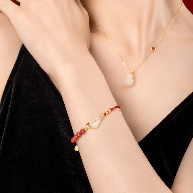 KarmaRipple's 925 Sterling Silver Plated 18K Gold Hetian Jade Ruyi Cat Cinnabar Fortune Bracelet Pendant Necklace Set p4