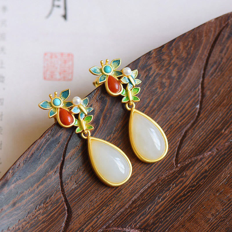 KarmaRipple's Water Drop Ivory Jade Red Agate Butterfly Protection Drop Dangle Earrings p2