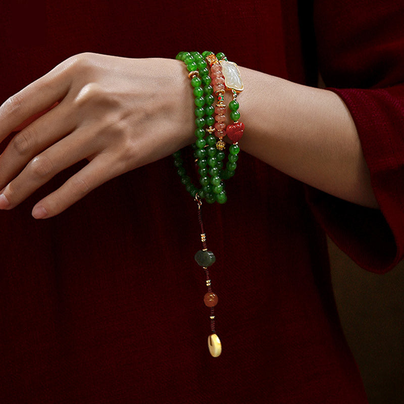 KarmaRipple's 108 Mala Beadwork Cyan Jade Red Agate Laughing Buddha Fortune Bracelet p3
