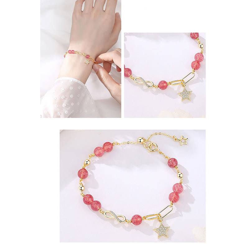 KarmaRipple's 14K Gold Plated Authentic Strawberry Quartz Moonstone M?bius Loop Eternal Love Star Positive Bracelet p4
