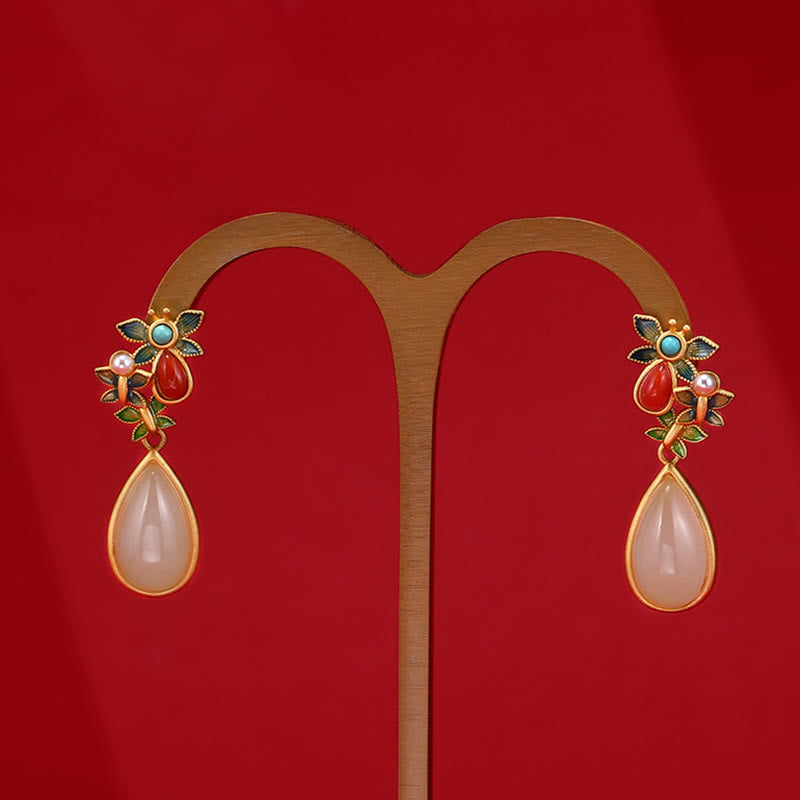 KarmaRipple's Water Drop Ivory Jade Red Agate Butterfly Protection Drop Dangle Earrings p7