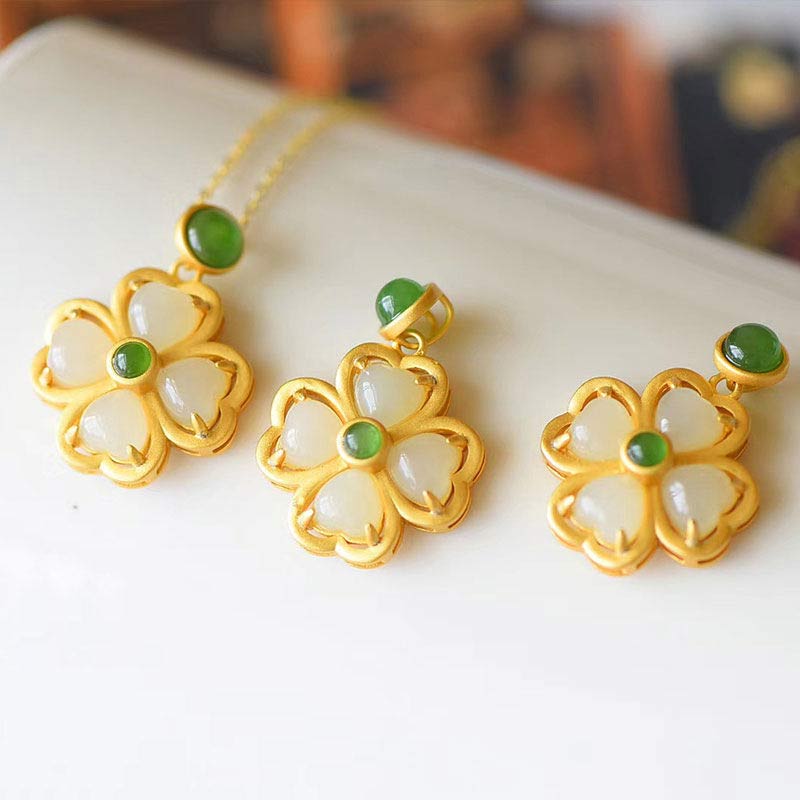 KarmaRipple's 925 Sterling Silver Fortunate Four Leaf Clover Jade Prosperity Pendant Chain Necklace p11