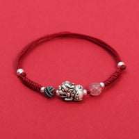 KarmaRipple's 999 Sterling Silver PiXiu Strawberry Quartz Bead Wealth Fortune Woven Bracelet