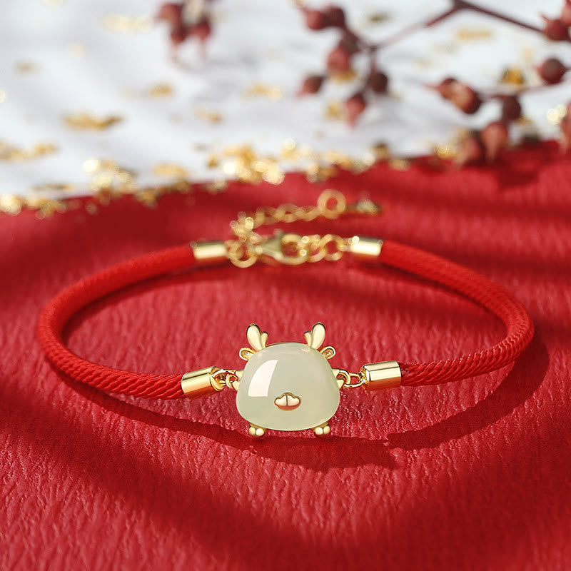 KarmaRipple's 925 Sterling Silver Year of the Dragon Authentic Hetian Jade Red Agate Cute Dragon Protection Success Bracelet Pendant Necklace Earrings ( p20