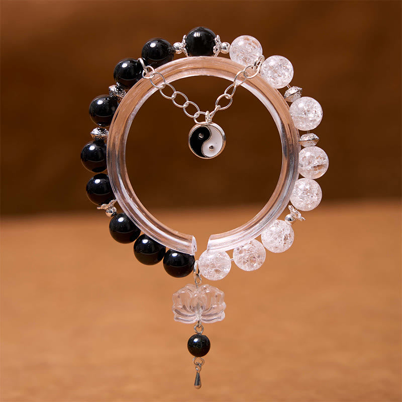 KarmaRipple's Silver Sheen Obsidian Crackle Clear Quartz Black Rutilated Quartz Yin Yang Lotus Protection Bracelet p9