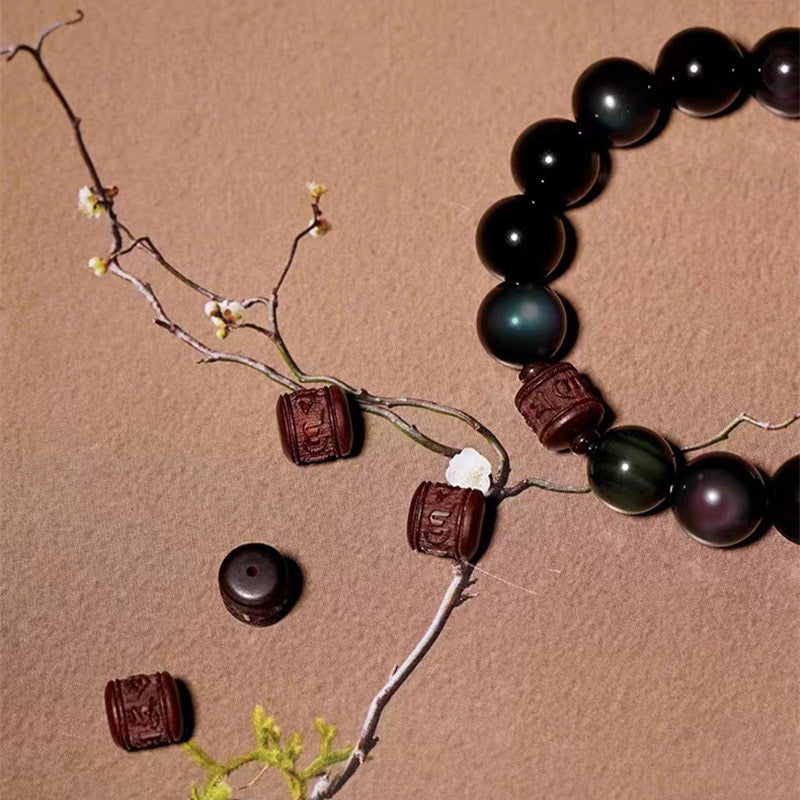 KarmaRipple's Authentic Gold Sheen Obsidian Rainbow Obsidian Om Mani Padme Hum Fu Character Balancing Bracelet p35