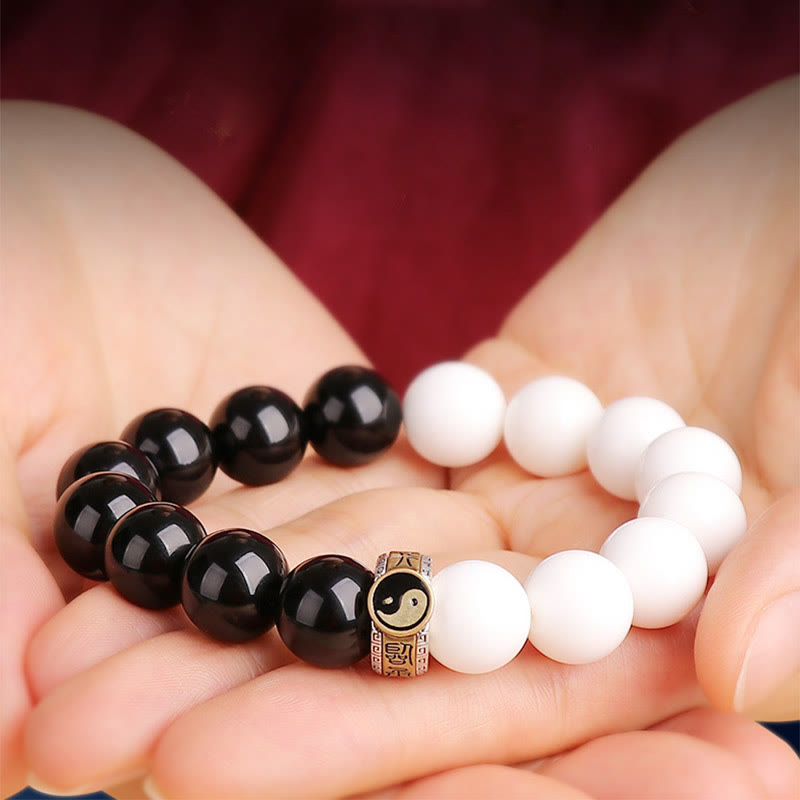 KarmaRipple's 925 Sterling Silver Black Obsidian Ivory Shell Yin Yang Strength Bracelet p9