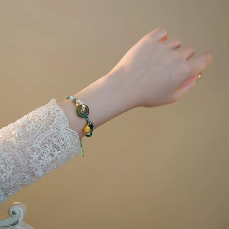KarmaRipple's Authentic Hetian Jade Peace Buckle Pearl Fortune Handcrafted Woven Bracelet p5