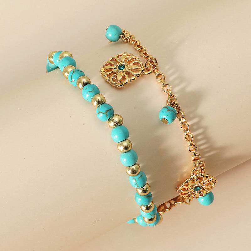 KarmaRipple's 2Pcs Turquoise Stone Flower Protection Bracelet Anklet p5
