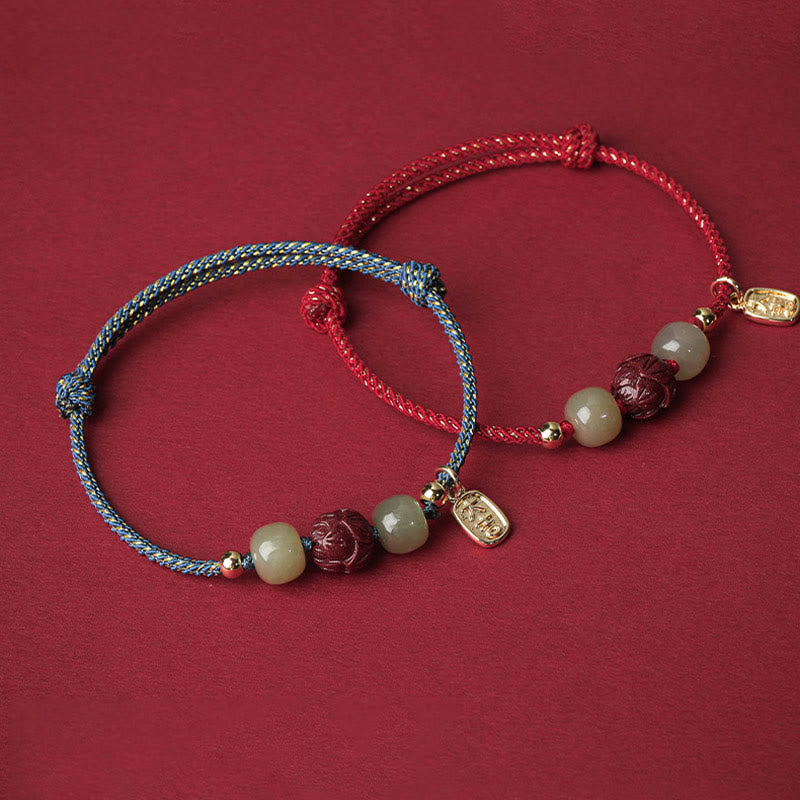 KarmaRipple's 14K Gold Plated Hetian Jade Cinnabar Lotus Fortune Handcrafted Rope Bracelet p12