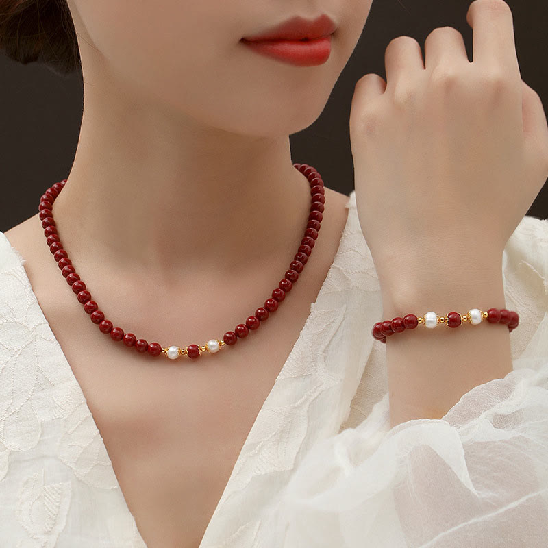 KarmaRipple's 925 Sterling Silver Authentic Cinnabar Pearl Blessing Pendant Necklace Bracelet Earrings Jewelry Set p7