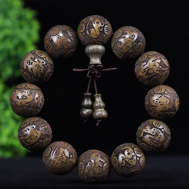 KarmaRipple's Chinese Zodiac Rosewood Ebony Boxwood Bronze Coin PiXiu Carved Warmth Bracelet p48