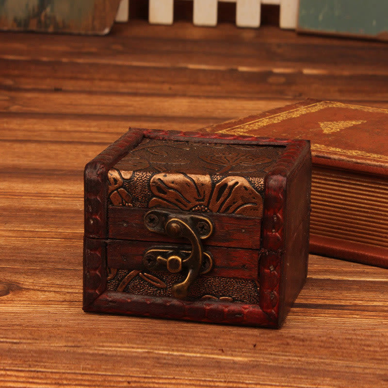 KarmaRipple's Retro Small Square Wood Jewelry Box Lotus Grass Flower Grape Bronze Coin Daffodil Jewelry Storage Box p1