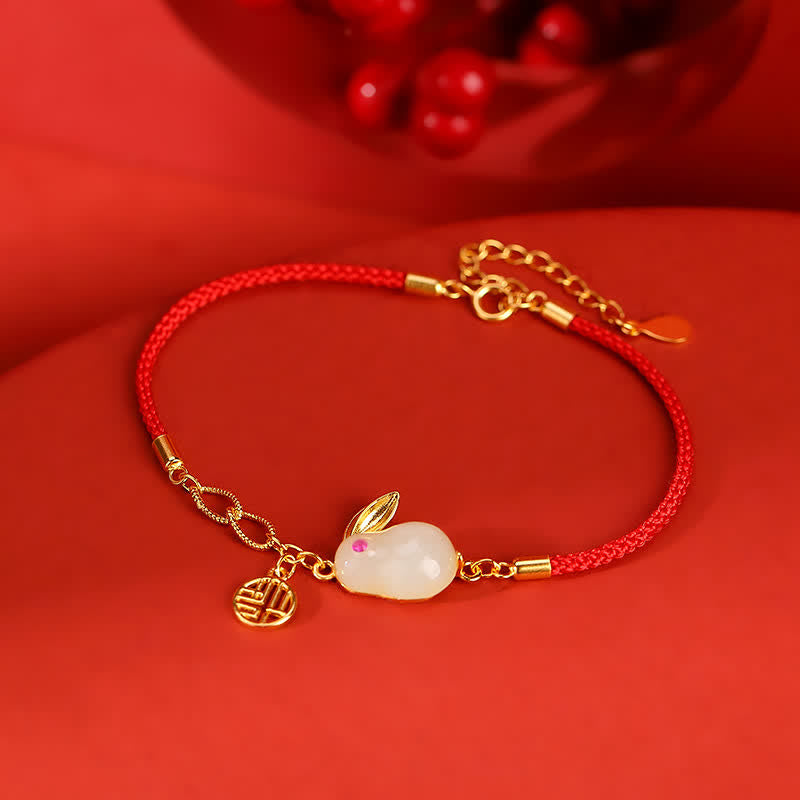 KarmaRipple's 925 Sterling Silver Year of the Rabbit Hetian Ivory Jade Fortune Blessing Red String Bracelet p3
