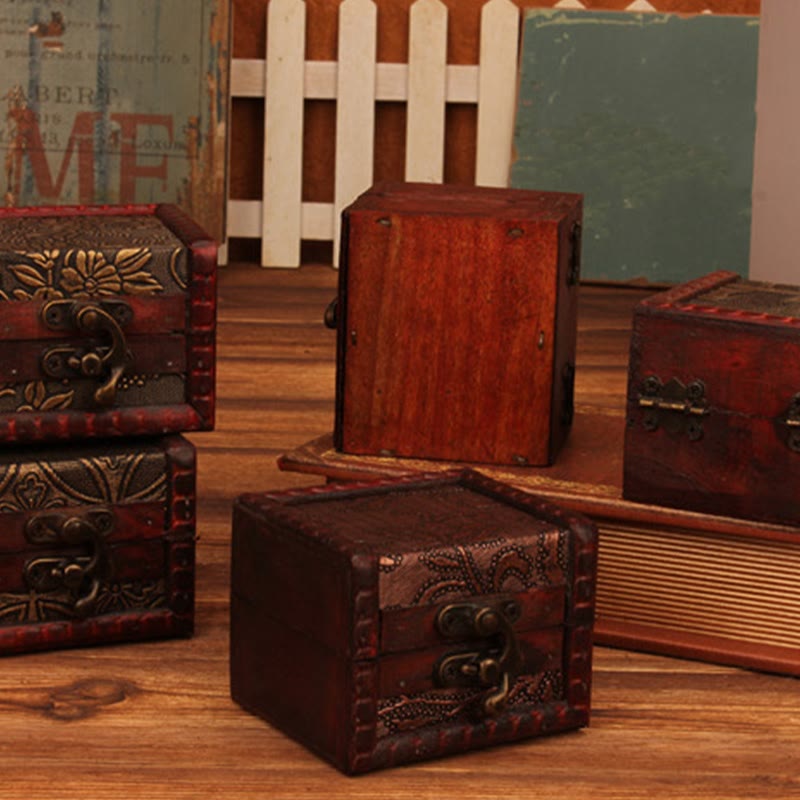KarmaRipple's Retro Small Square Wood Jewelry Box Lotus Grass Flower Grape Bronze Coin Daffodil Jewelry Storage Box p27