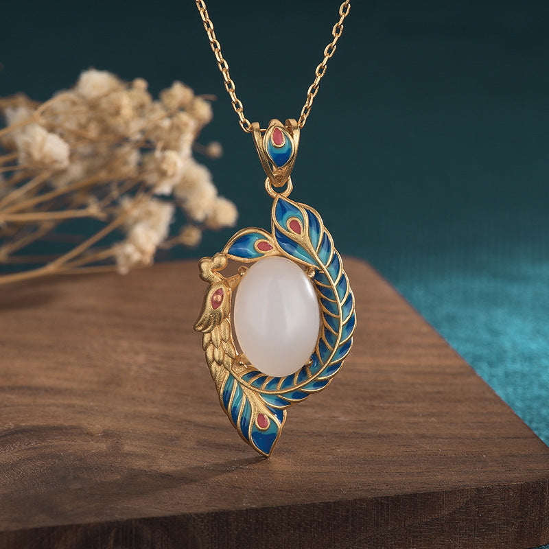 KarmaRipple's Ivory Jade Peacock Bronze Blessing Pendant Necklace p1