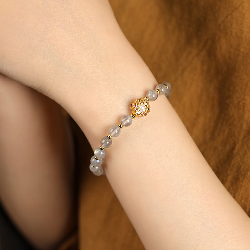 KarmaRipple's 14K Gold Plated Authentic Strawberry Quartz Labradorite Sun Stone Fu Character Positive Talisman Bracelet p9