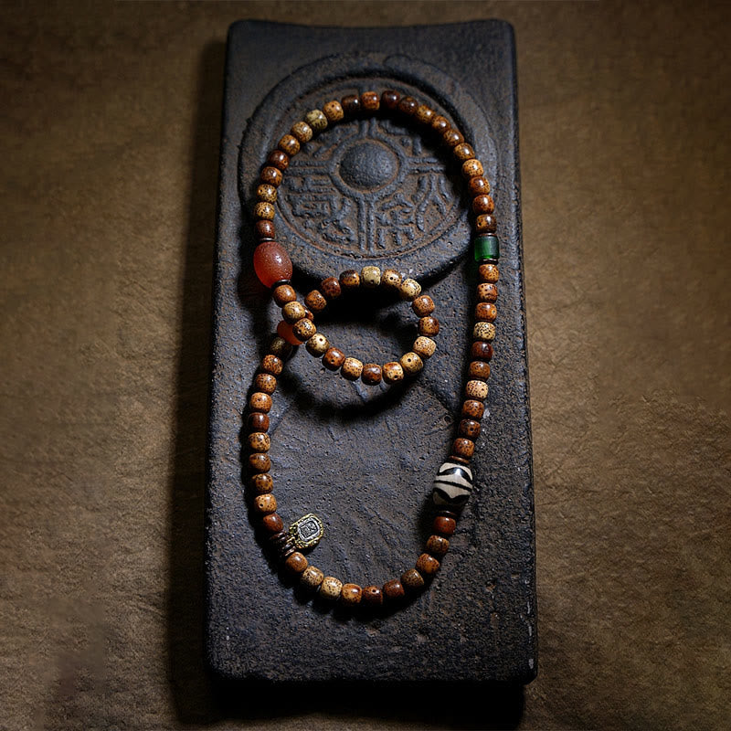 KarmaRipple's Tibetan Bodhi Seed Amber Dzi Bead Agate Zakiram Goddess of Wealth Beadwork Triple Wrap Bracelet p5