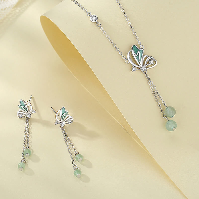 KarmaRipple's 925 Sterling Silver Authentic Green Aventurine Butterfly Fortune Pendant Necklace Earrings Set p1