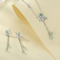 KarmaRipple's 925 Sterling Silver Authentic Green Aventurine Butterfly Fortune Pendant Necklace Earrings Set
