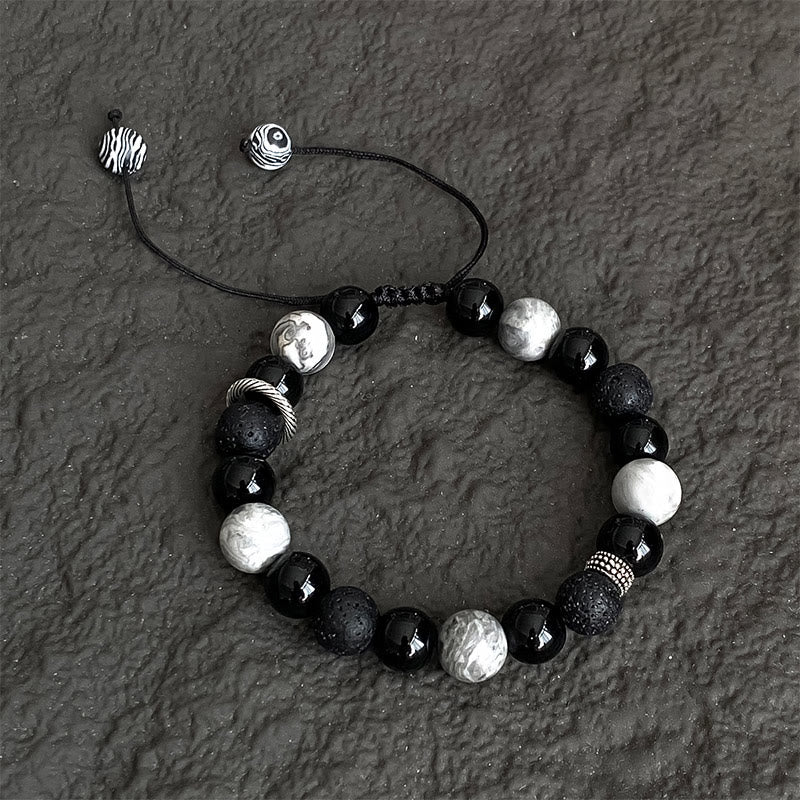 KarmaRipple's Vintage Lava Rock Black Obsidian Picasso Jasper Beadwork Support Rope Bracelet p1