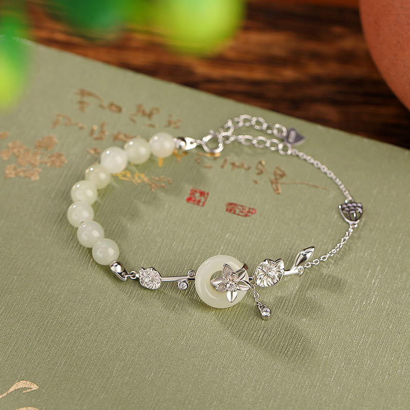 KarmaRipple's 925 Sterling Silver Hetian Jade Peace Buckle Lotus Fortune Chain Bracelet p17