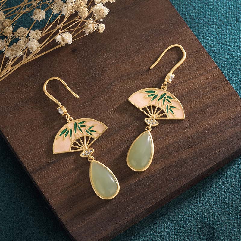 KarmaRipple's Authentic Green Aventurine Fan Pattern Fortune Drop Earrings p4